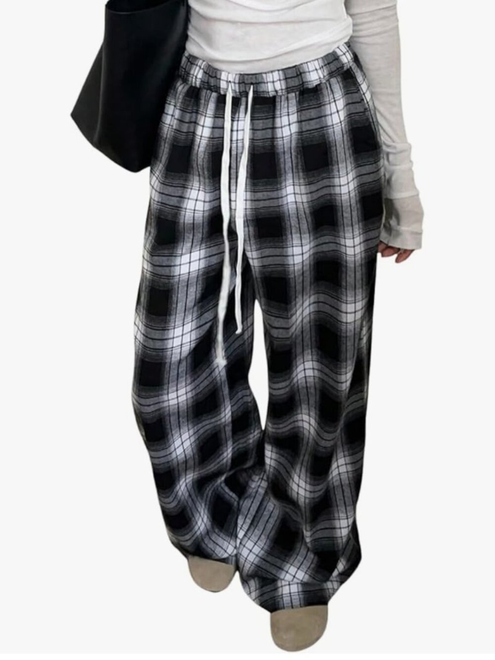 Florens Women's Plaid Wide Leg High Waisted Drawstring Casual Pants Blue Size S